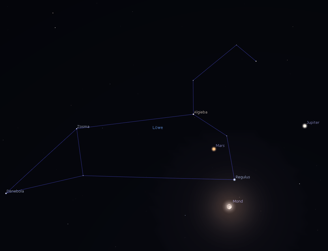Himmelsanblick in Mitteleuropa während der Mondfinsternis am 21.02.2027 um 00:15 MEZ